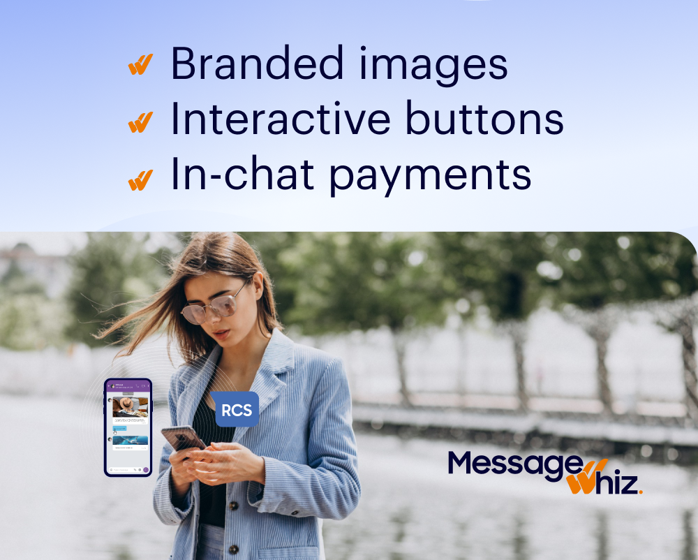 Unlocking the Power of Rich Media in RCS Messaging | Message Whiz Business using RCS to send promotional image messages to woman's smartphone.